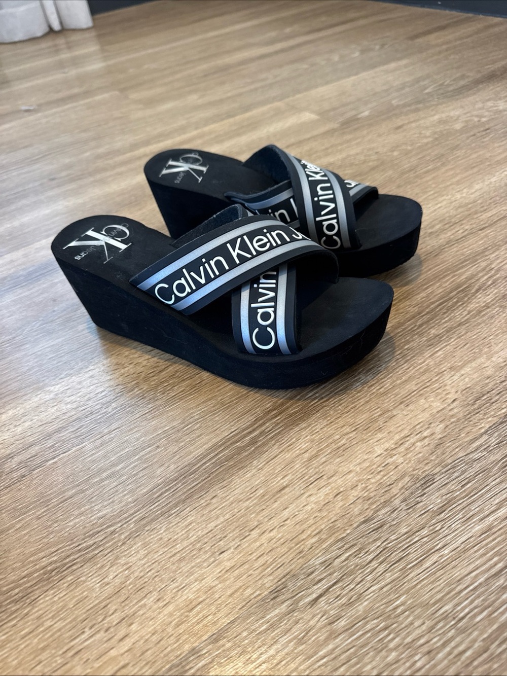 Calvin Klein Black Logo Platform Wedge Sandals women’s size 10